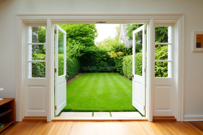 White French doors opening onto a landscaped garden